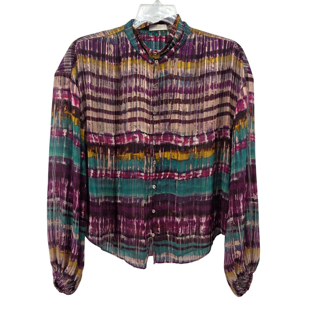 Ramy Brook New York Multicolor Abstract Lurex Pleated Blouse Large L/G